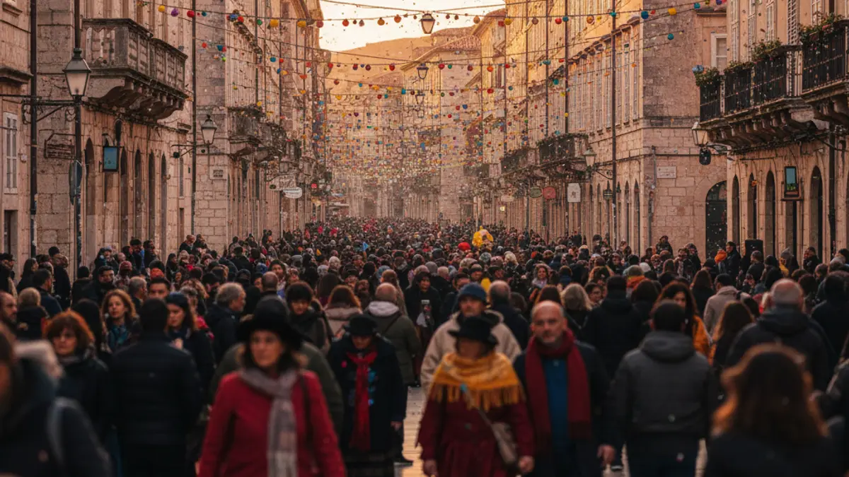 Generic image of a major festival in a historic neighborhood with people and decorations.