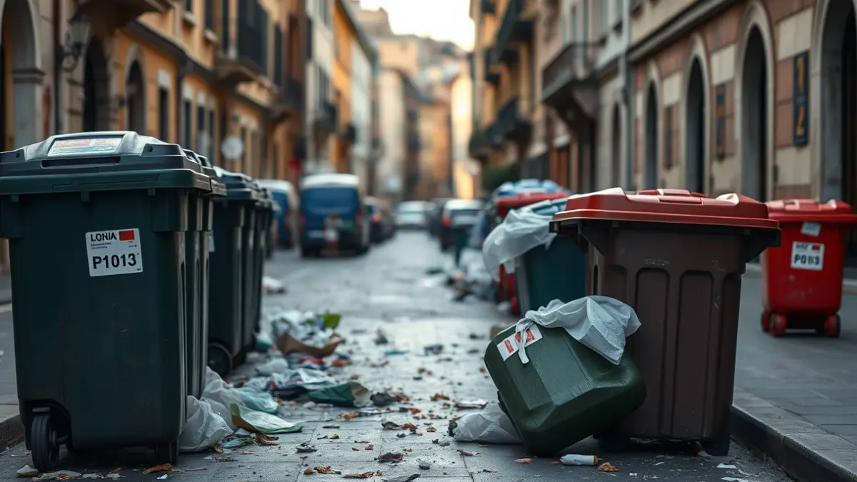 Imatge genèrica d'un carrer amb brossa i contenidors plens, simbolitzant una vaga de neteja.