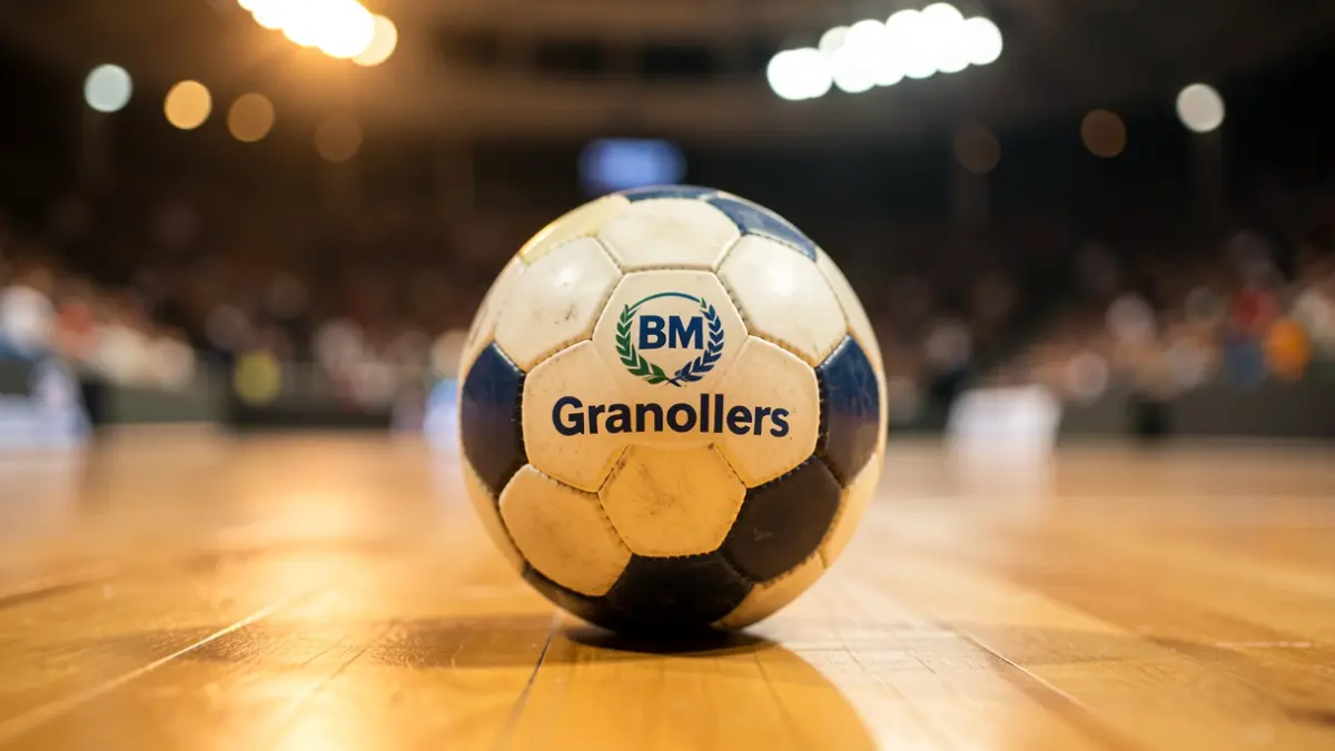 BM Granollers handball ball on a sports hall court.