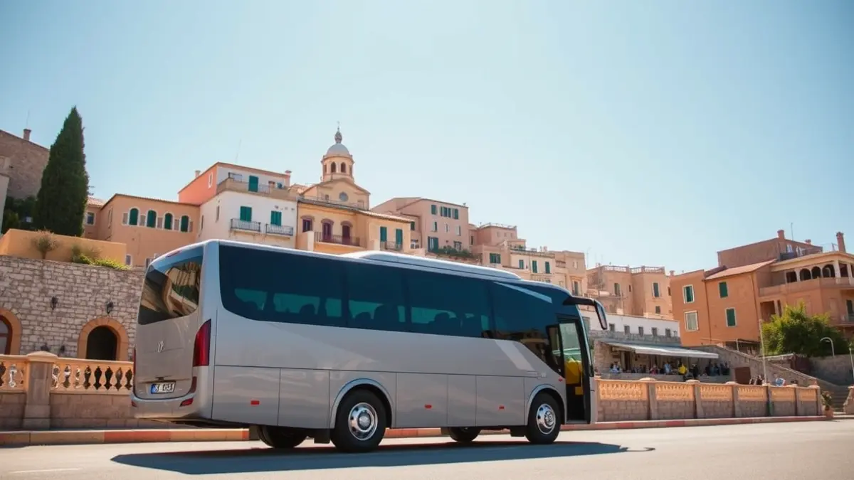 Imatge d'un autobús turístic a Tossa de Mar, amb el mar i edificis històrics de fons.