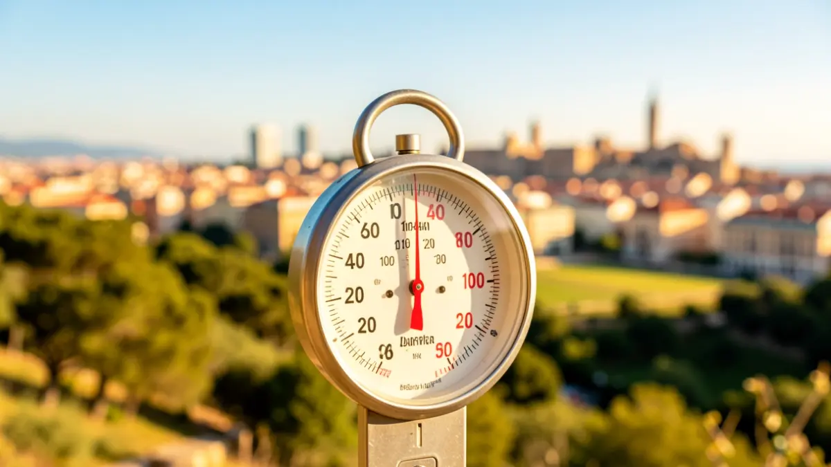 Imatge genèrica d'un termòmetre marcant altes temperatures amb un paisatge català al fons.