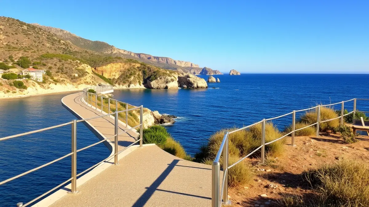 Imatge del camí de ronda renovat a Roses, amb baranes de seguretat i vistes al mar.