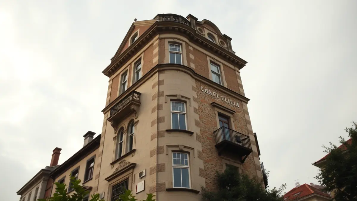 Image of a historic building with architectural elements from various eras, surrounded by greenery.