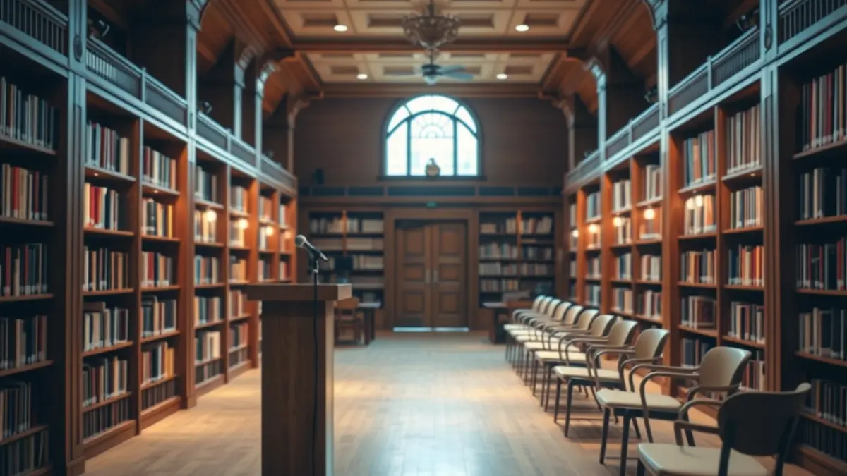 Imatge genèrica d'un interior de biblioteca amb prestatgeries de fusta i il·luminació càlida.