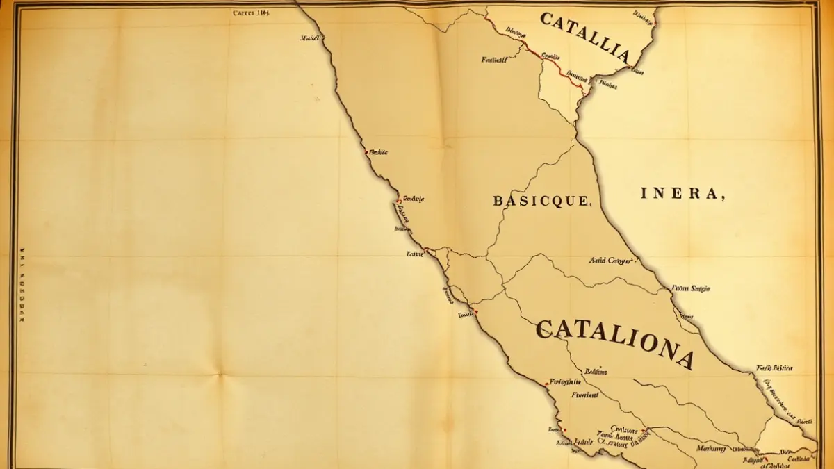 Mapa antiguo de Cataluña y Euskal Herria, con zonas de conflicto marcadas.