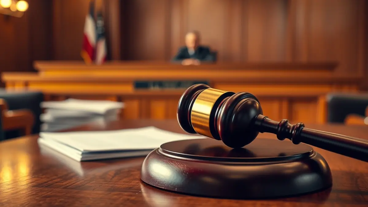 Judge's gavel on a wooden desk in a courtroom.