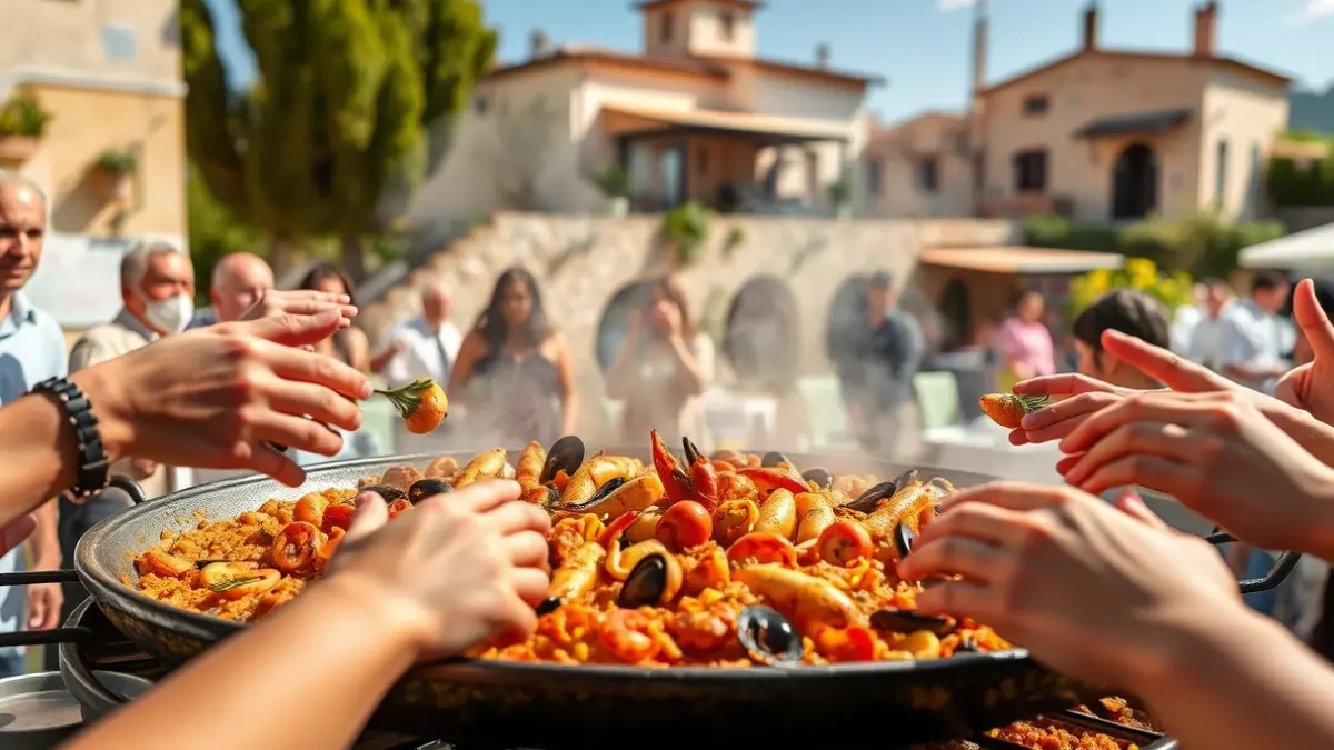 Imagen de una paella de marisco en un evento social al aire libre.