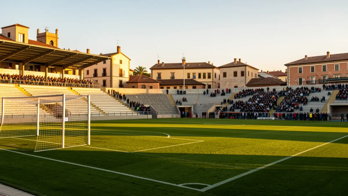 Imatge genèrica d'un estadi de futbol català al capvespre.