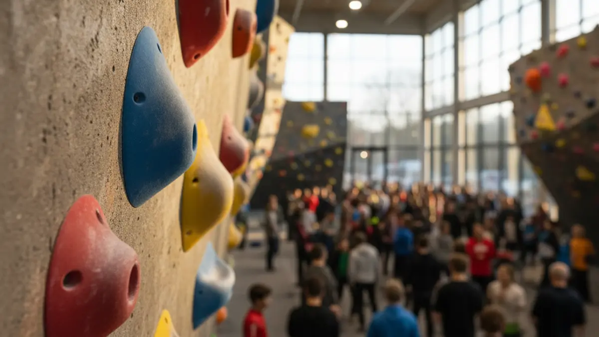 Imagen genérica de un rocódromo interior con presas de escalada.
