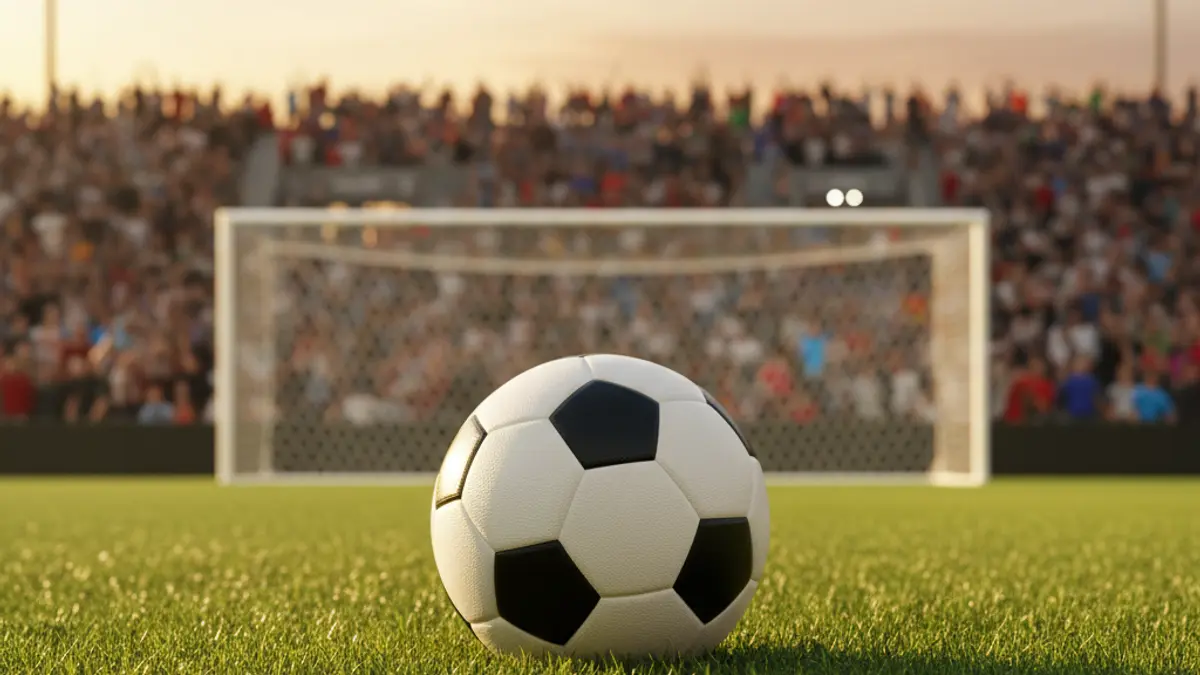 Generic image of a soccer ball on grass with a goal net in the background.