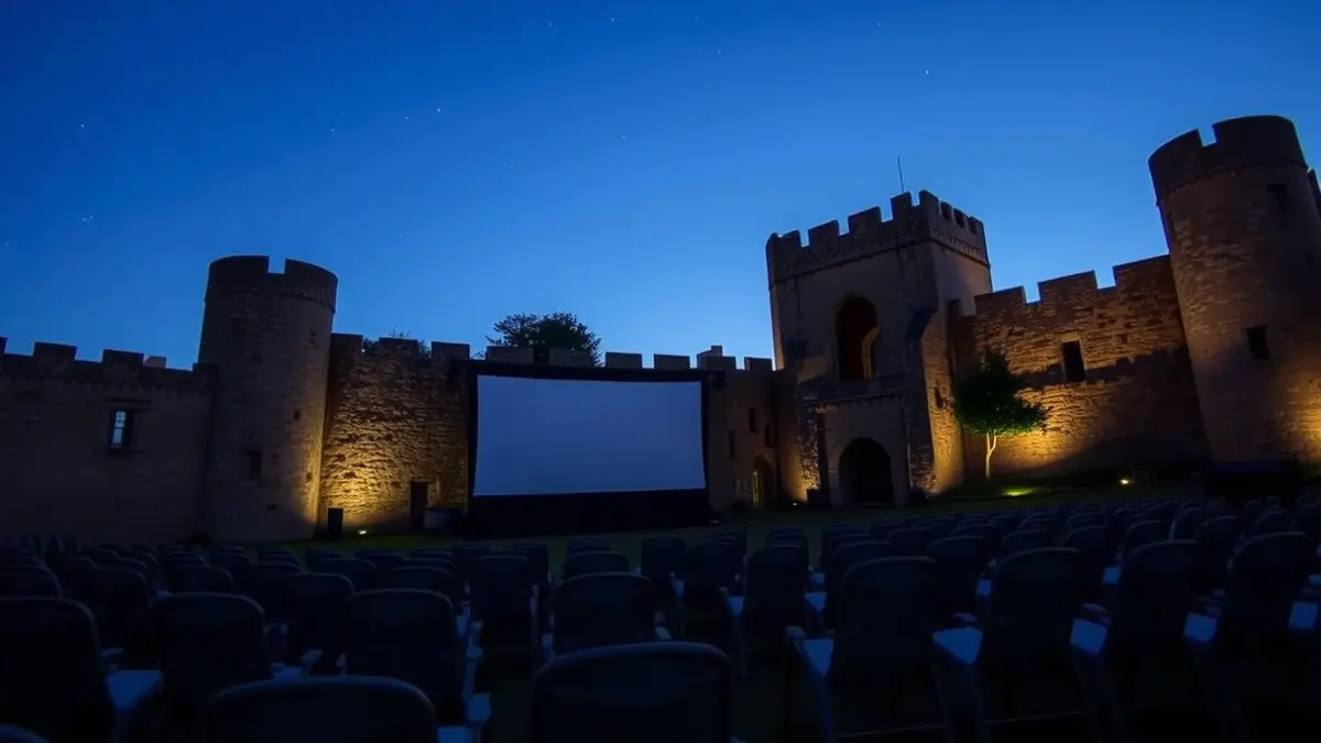 Imagen de un cine al aire libre con una pantalla grande y sillas frente a un castillo histórico al anochecer.