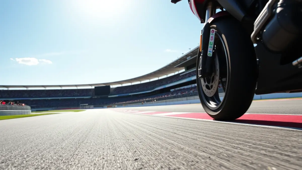 Imagen de un neumático de motocicleta en una pista de carreras con una pantalla gigante al fondo.