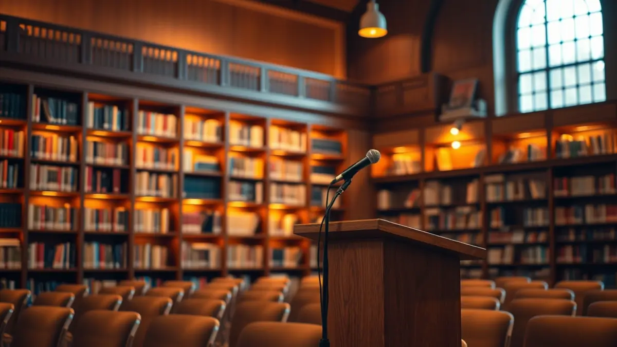 Generic image of a reading or literary presentation space with a microphone and empty chairs.
