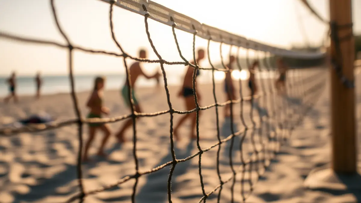Imagen genérica de una red de voleibol playa en una cancha de arena bajo el sol.