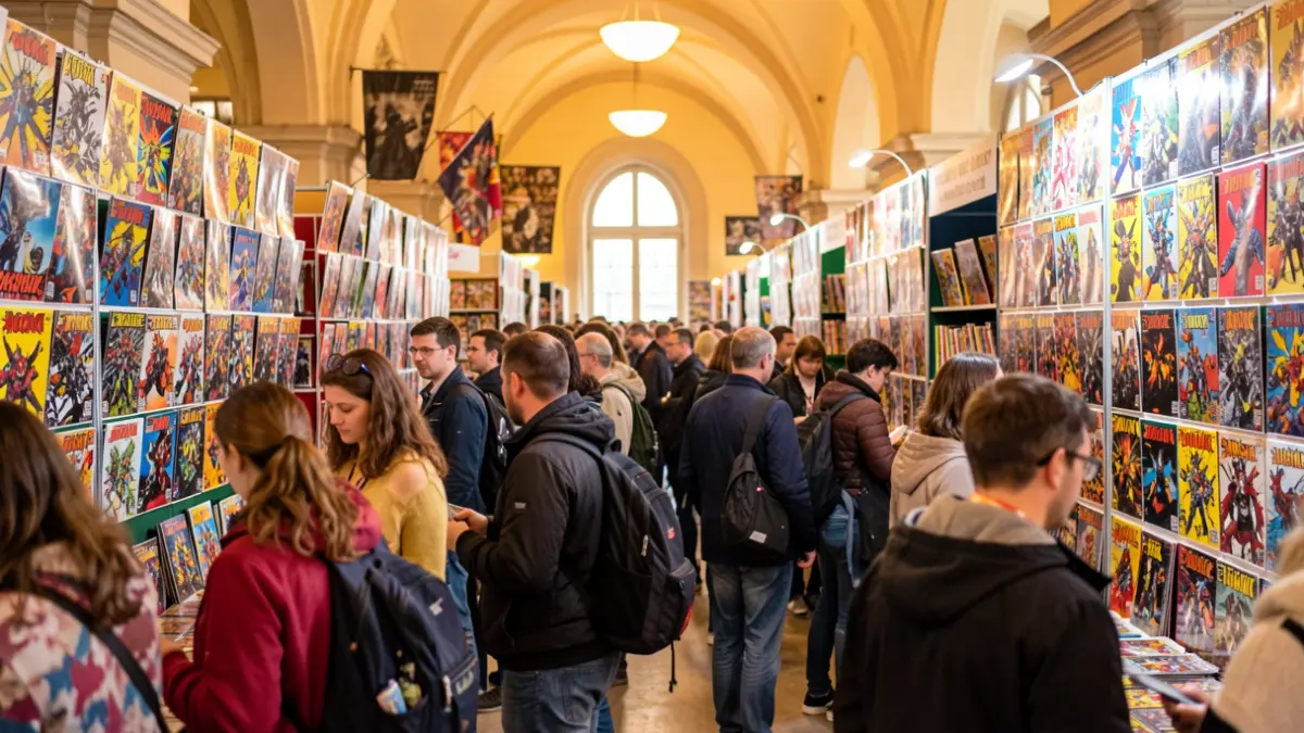 Imagen genérica de una convención de cómics con stands y visitantes.