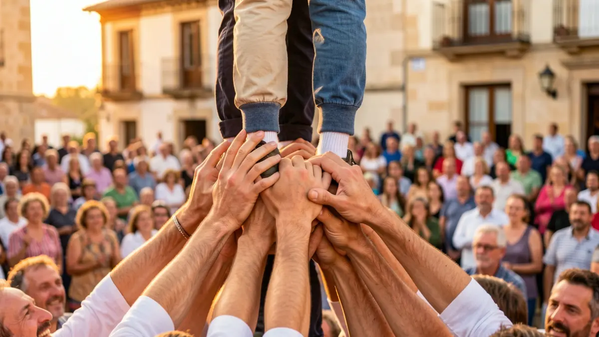 Generic image of the base of a human tower with many hands gripping.