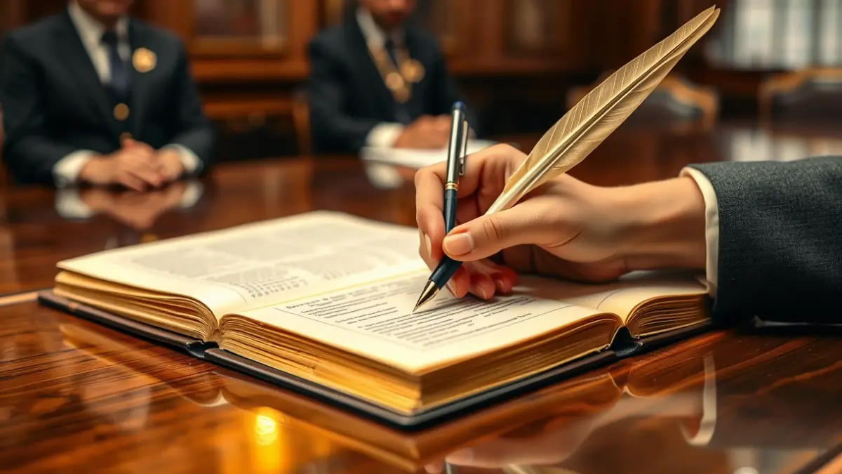 Imatge genèrica d'una mà signant un llibre d'or amb una ploma.