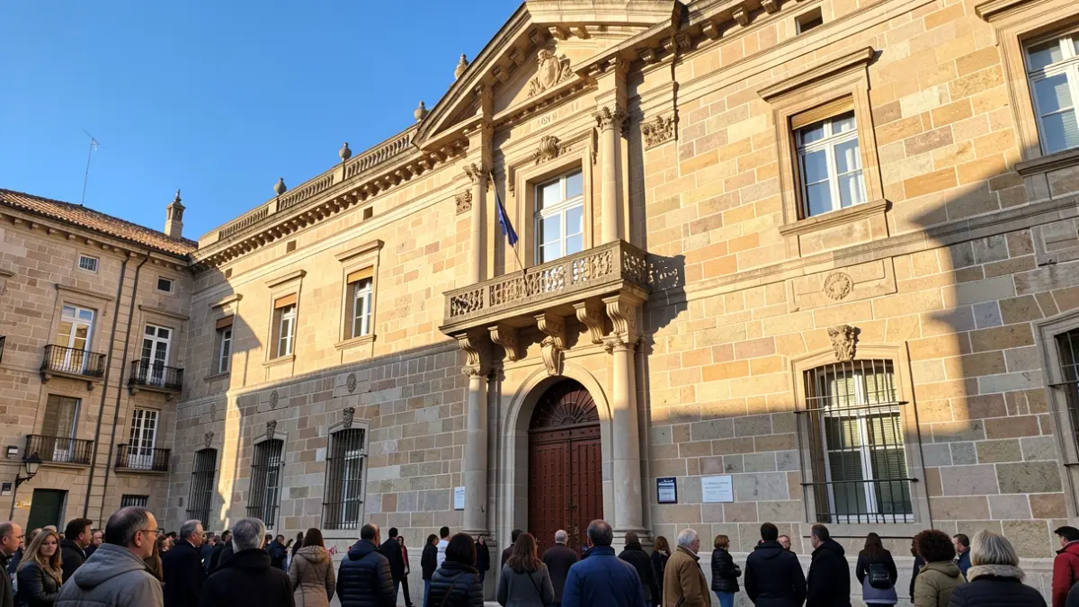 Generic image of an institutional building with a balcony and warm light.