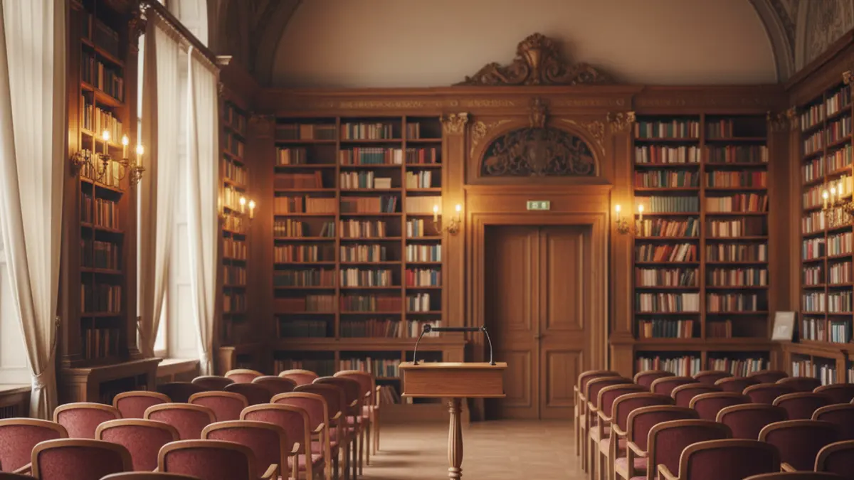 Generic image of a library interior with a podium and chairs, symbolizing digital content creation and cultural promotion.