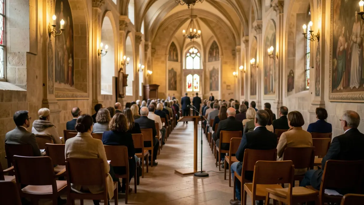 Imatge genèrica de l'interior d'un convent amb cadires buides.