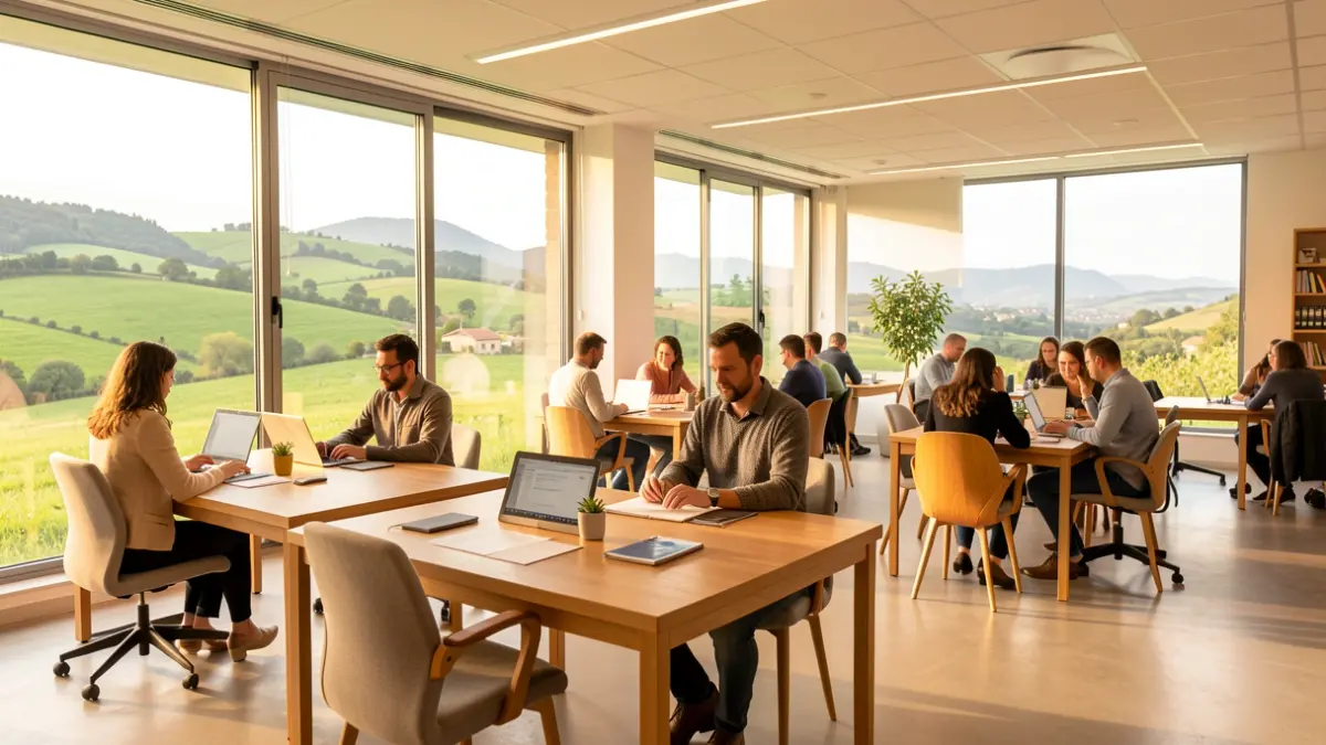 Rural coworking space with views of the Catalan landscape.