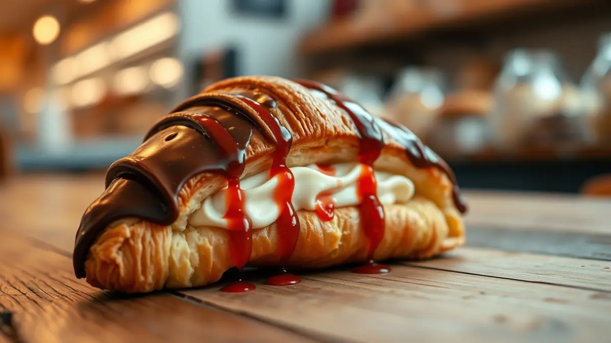 Image of a gourmet croissant with chocolate and vanilla cream filling.