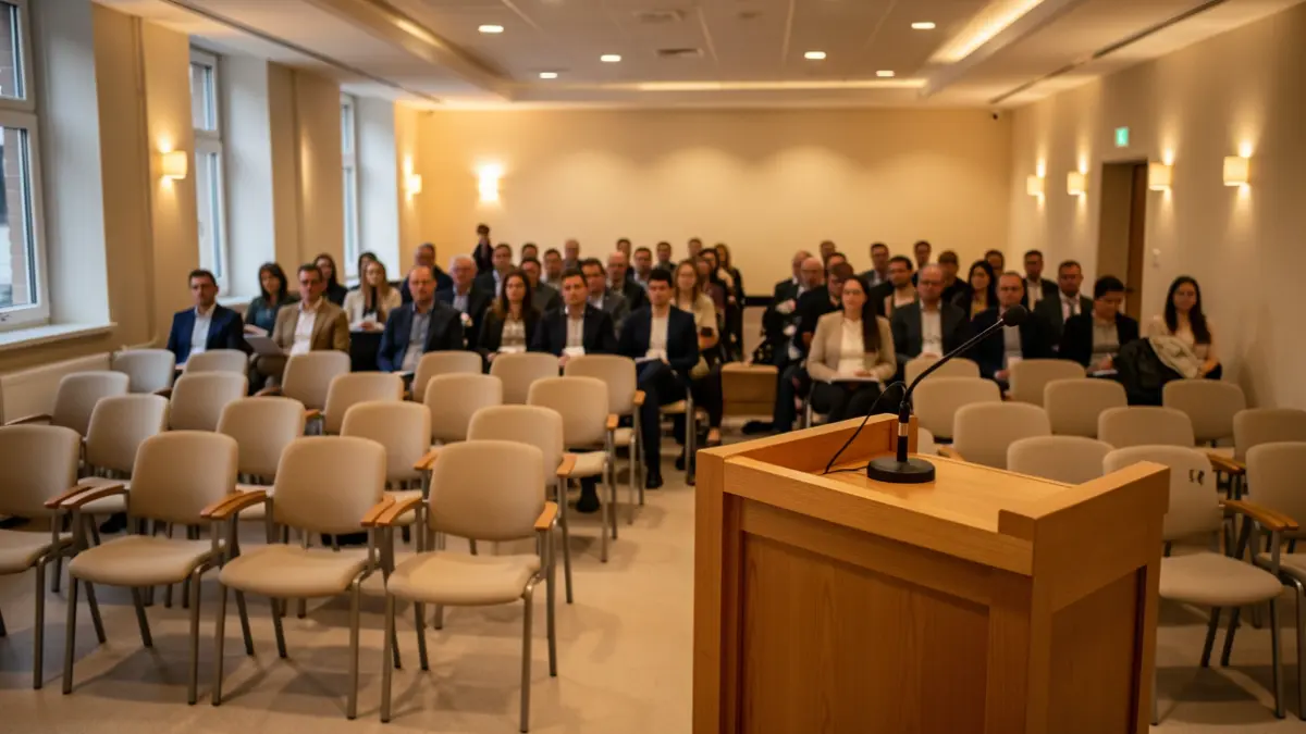 Sala d'actes d'un centre hospitalari preparada per a una cerimònia de graduació.