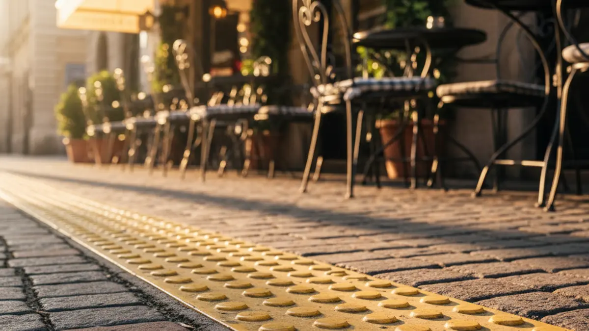 Generic image of a sidewalk with tactile paving for visually impaired pedestrians.