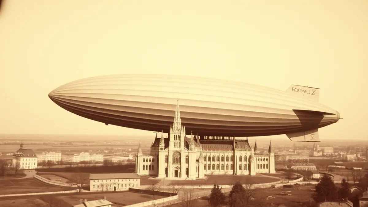 Historic image of a dirigible flying over Barcelona's Sagrada Familia in 1929.