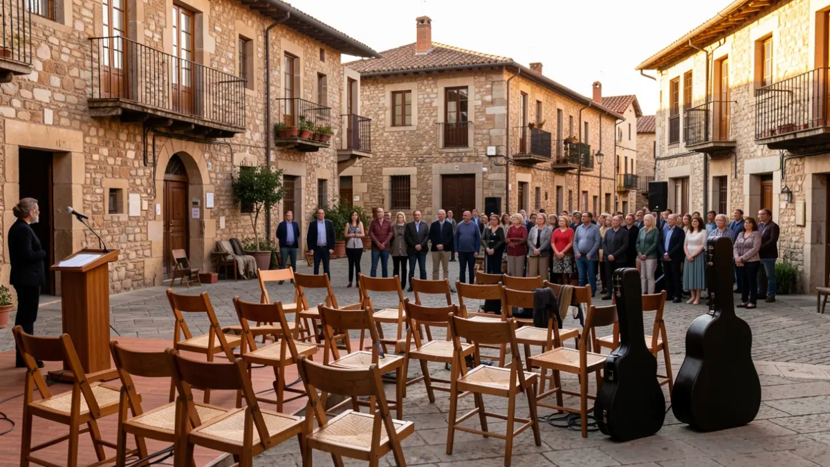 Imagen genérica de un escenario exterior en un pueblo catalán con sillas vacías y luces cálidas.