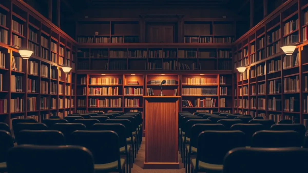 Imagen genérica de un espacio cultural con libros y un micrófono, simbolizando un evento artístico.