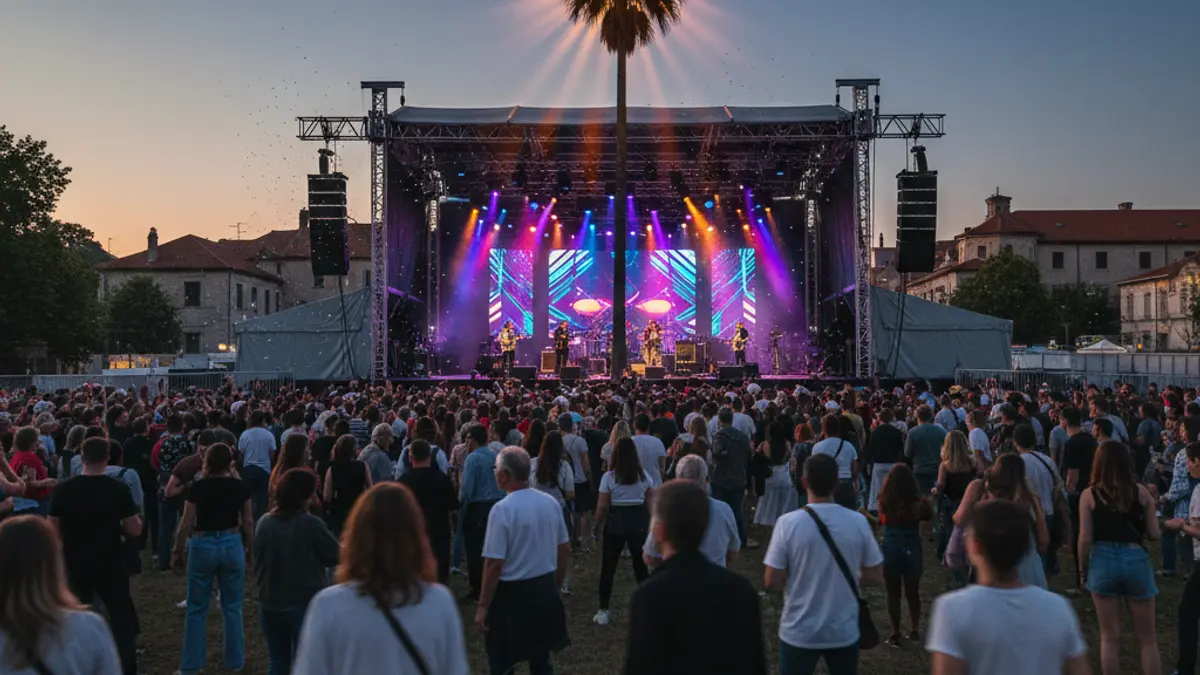 Image of an outdoor festival stage with an illuminated palm tree in the background.