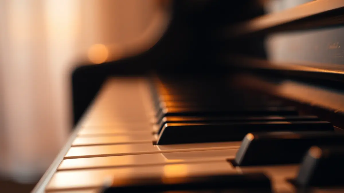 Generic image of a piano keyboard with warm lighting.