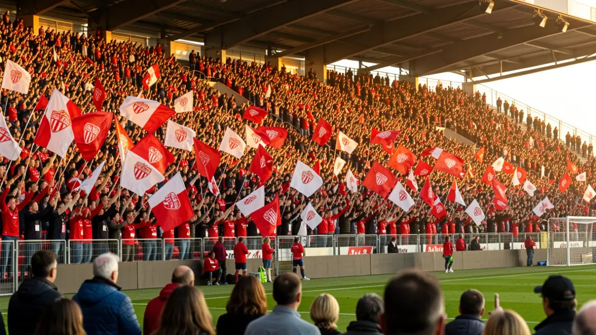 Girona FC fans celebrating a match at Montilivi stadium.