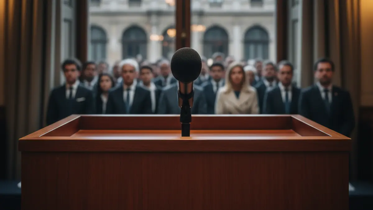 Generic image of a microphone on a podium during a press conference.