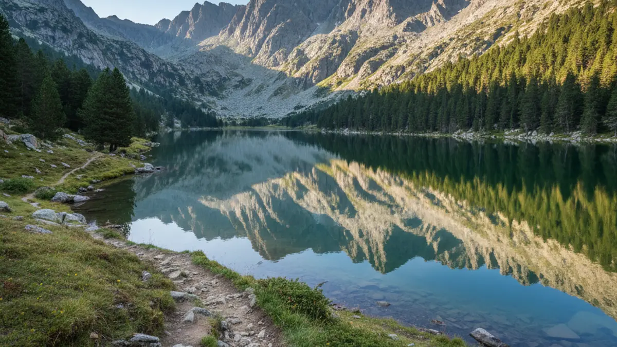 Paisatge del Parc Nacional d'Aigüestortes i Estany de Sant Maurici amb un llac i muntanyes.