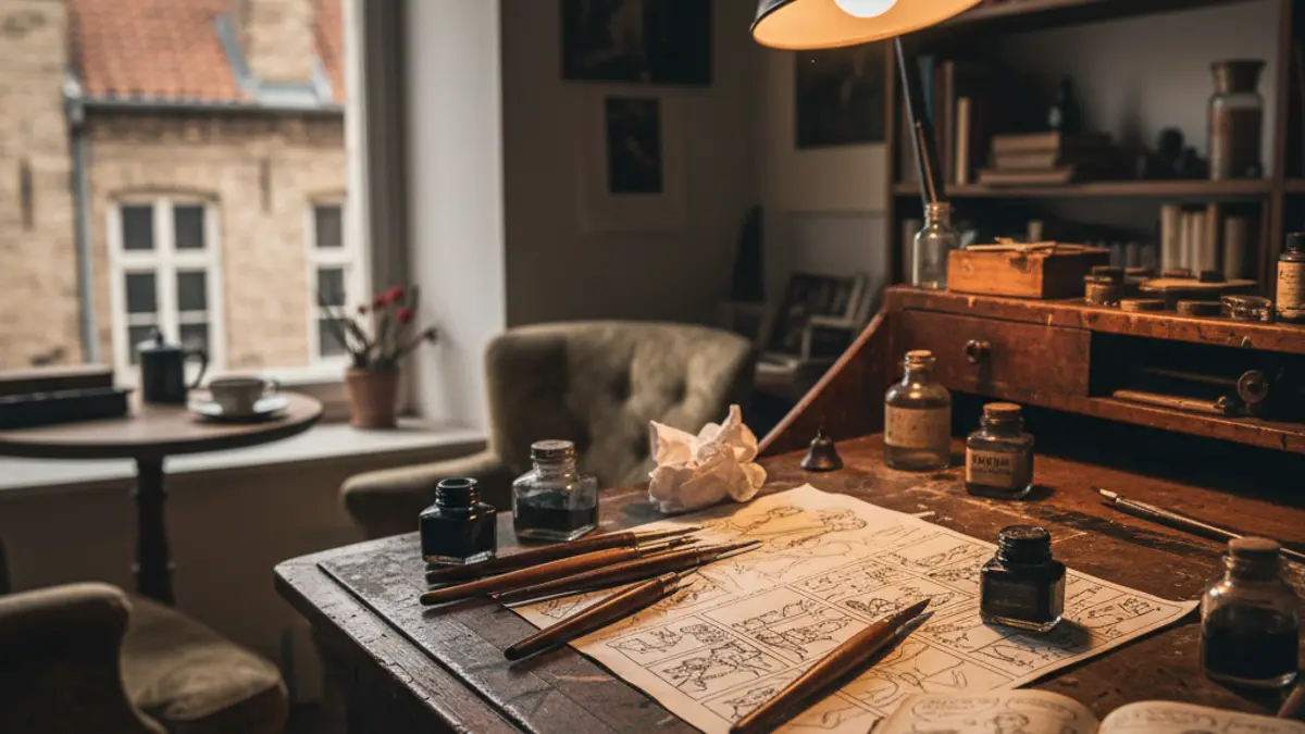 Drawing desk with tools and old comic sketches