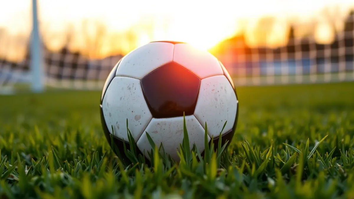 Generic image of a soccer ball on grass with a goal net in the background.