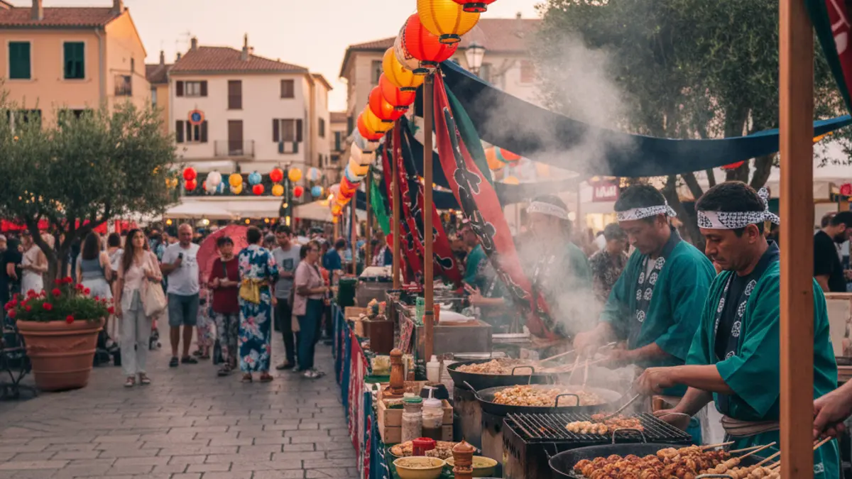 Imagen de un festival japonés con puestos de comida y gente