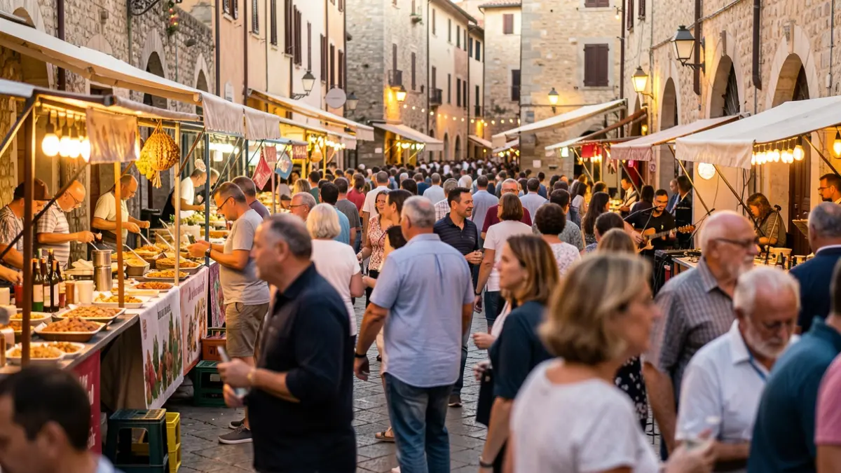 Imagen genérica de una fiesta gastronómica en un mercado con puestos y gente disfrutando.