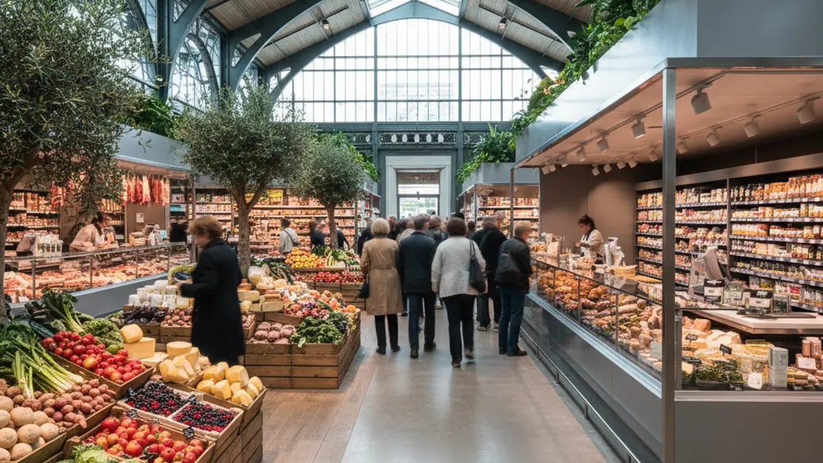 Image of the interior of a modern market with fresh produce stalls.