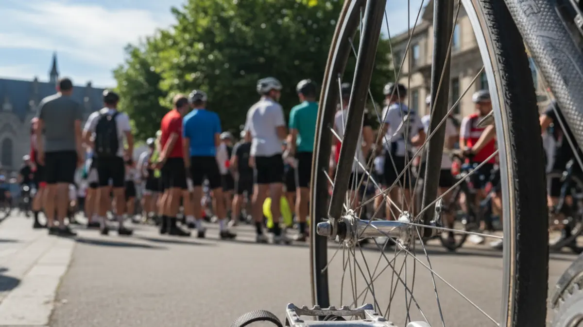 Generic image of a bicycle wheel on a path, with blurred greenery in the background.