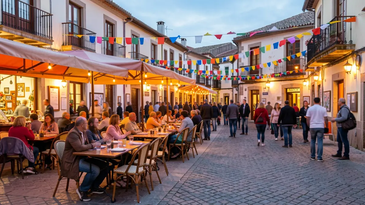 Imagen genérica de una plaza de pueblo mediterráneo durante una fiesta popular por la tarde.