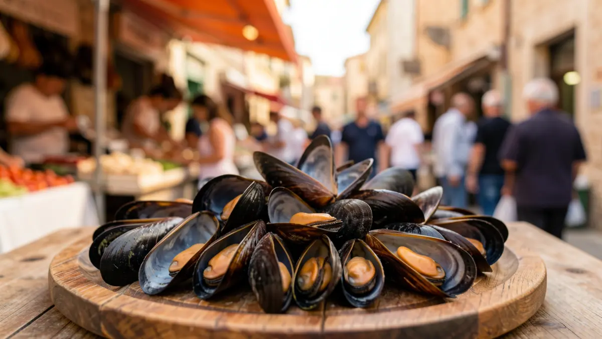 Imagen genérica de mejillones frescos servidos en una bandeja de madera.