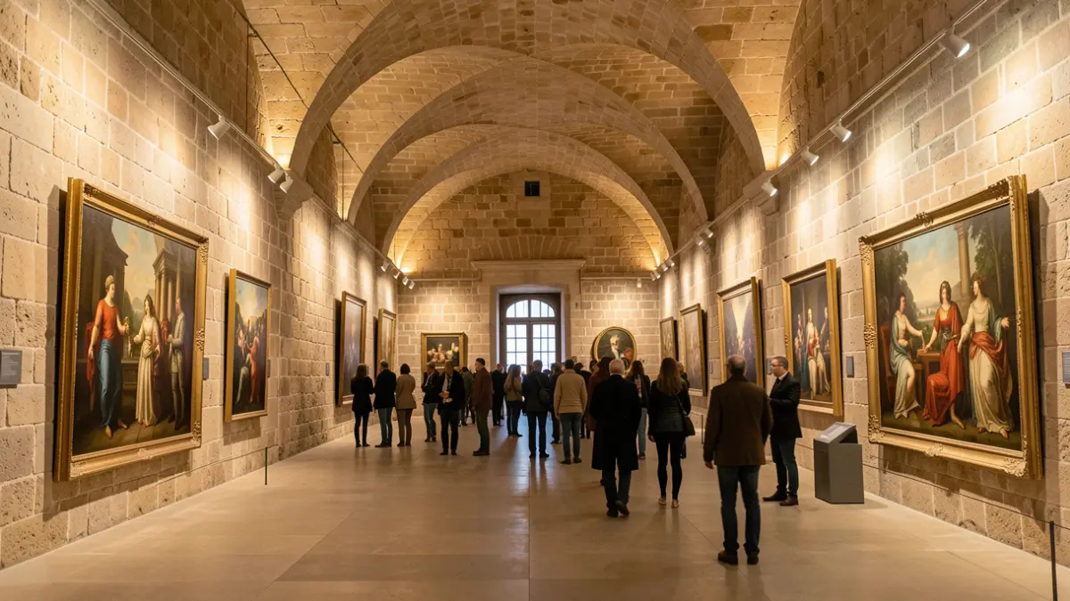 Generic image of a museum interior with stone walls and warm lighting.