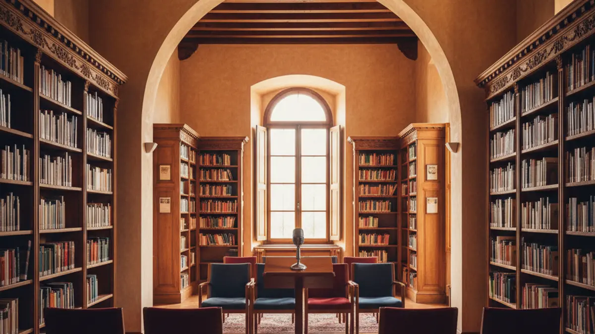 Imagen genérica de una sala de conferencias o biblioteca con un micrófono y sillas vacías.
