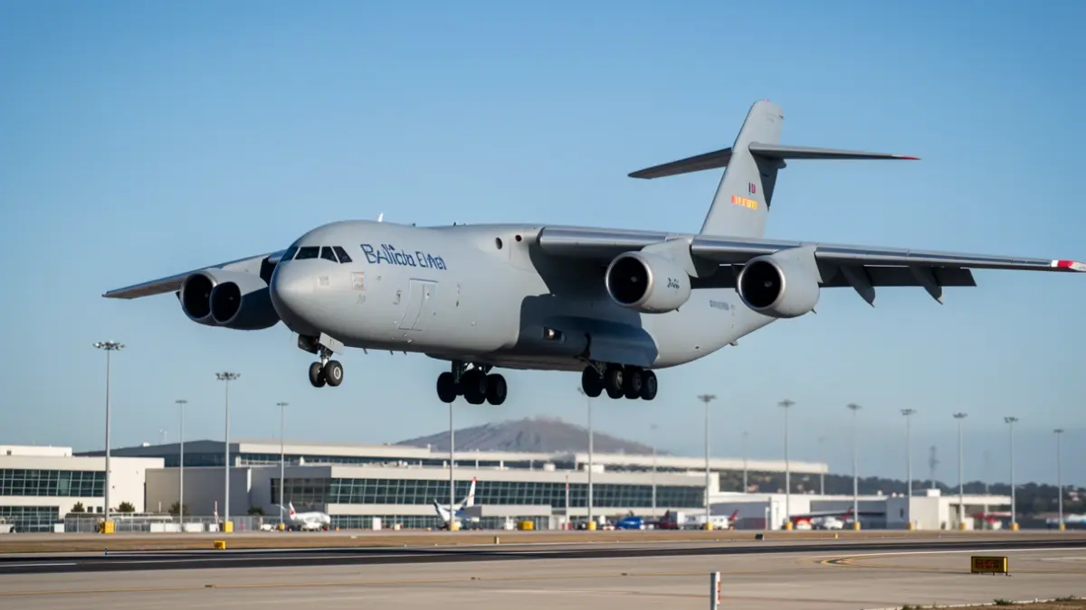 Military aircraft transporting the popemobile lands at Barcelona-El Prat airport.
