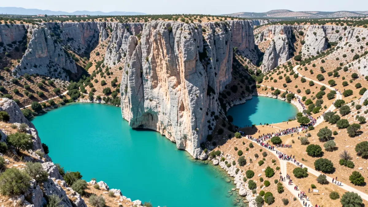 Aerial view of the rock formations of Finestres over the Canelles reservoir.