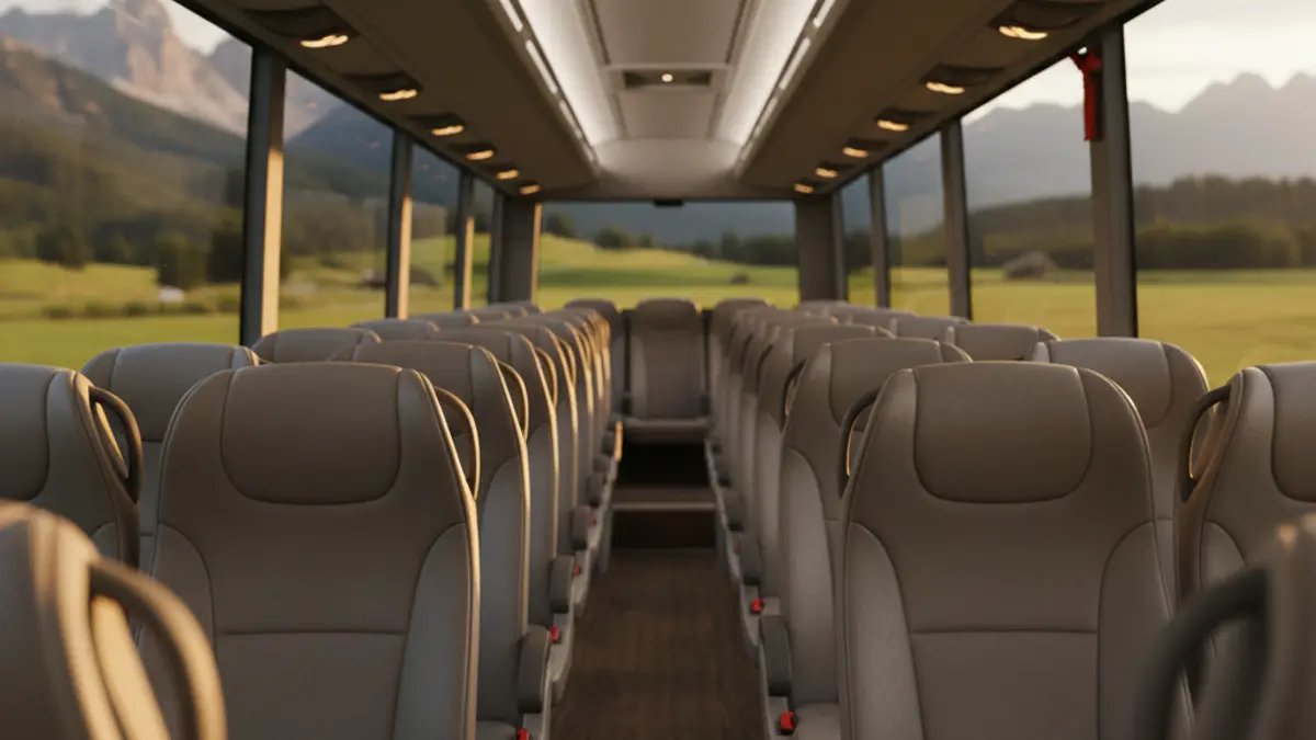 Imatge genèrica d'un autobús modern amb seients buits i vistes muntanyoses a través de les finestres.