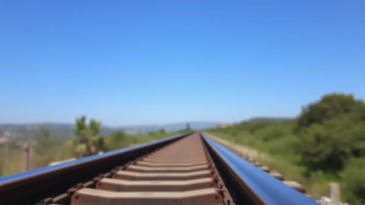 Generic image of train tracks with green landscape in the background.